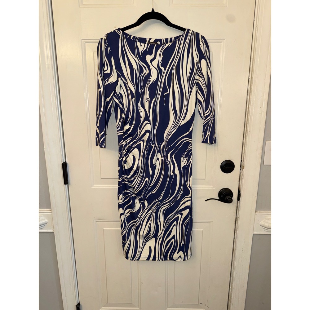 J.McLaughlin Blue White Marble Swirl Ruched Sheath Dress Size M Made in USA